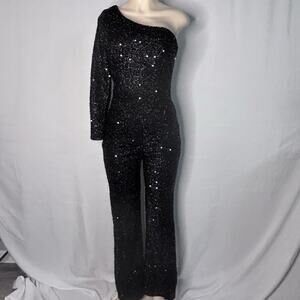 Giffniseti Black Sequin One Shoulder Jumpsuit Formal glam Party Flare leg Small